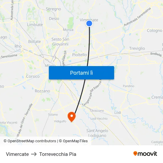 Vimercate to Torrevecchia Pia map