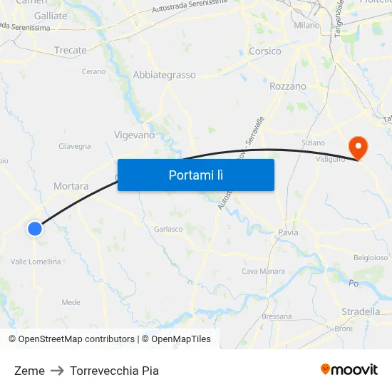 Zeme to Torrevecchia Pia map