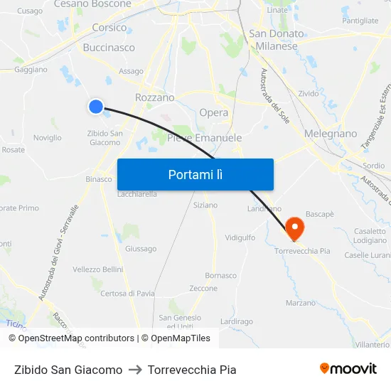 Zibido San Giacomo to Torrevecchia Pia map