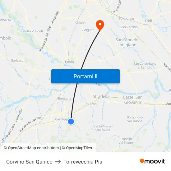 Corvino San Quirico to Torrevecchia Pia map