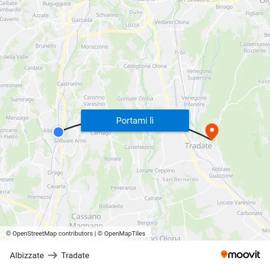 Albizzate to Tradate map