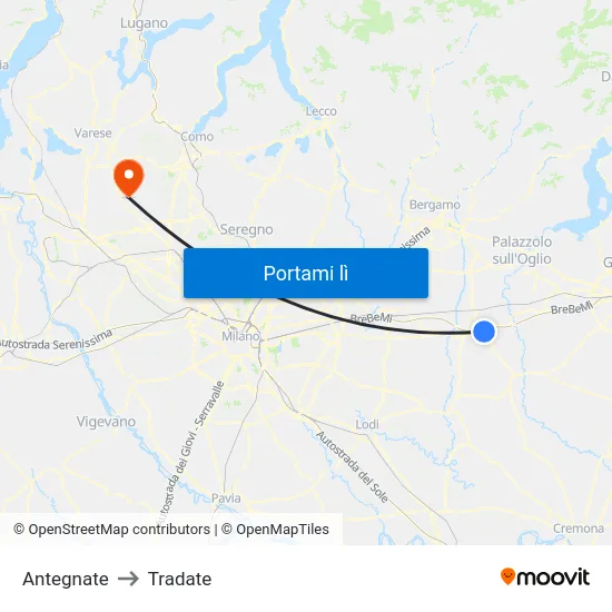 Antegnate to Tradate map