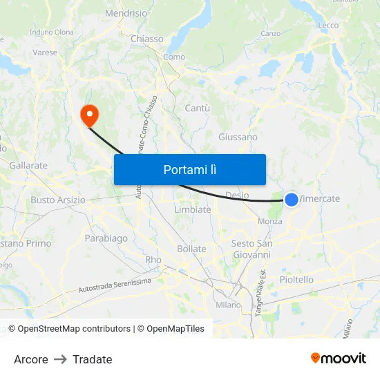 Arcore to Tradate map