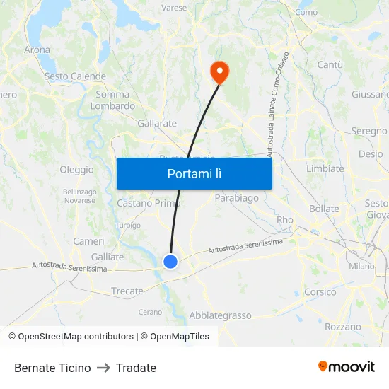 Bernate Ticino to Tradate map