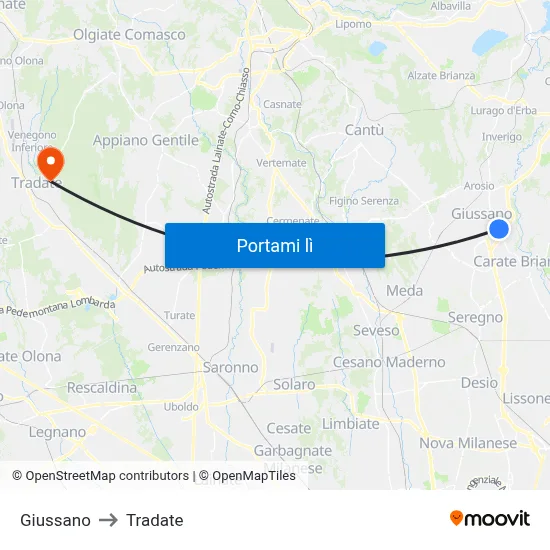 Giussano to Tradate map