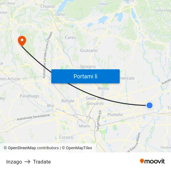 Inzago to Tradate map