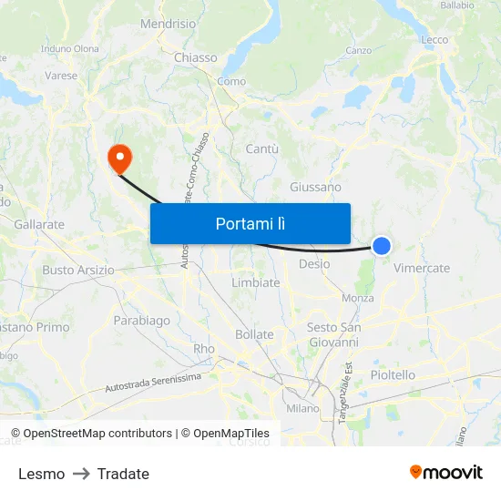 Lesmo to Tradate map