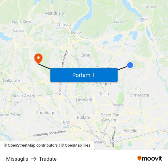 Missaglia to Tradate map