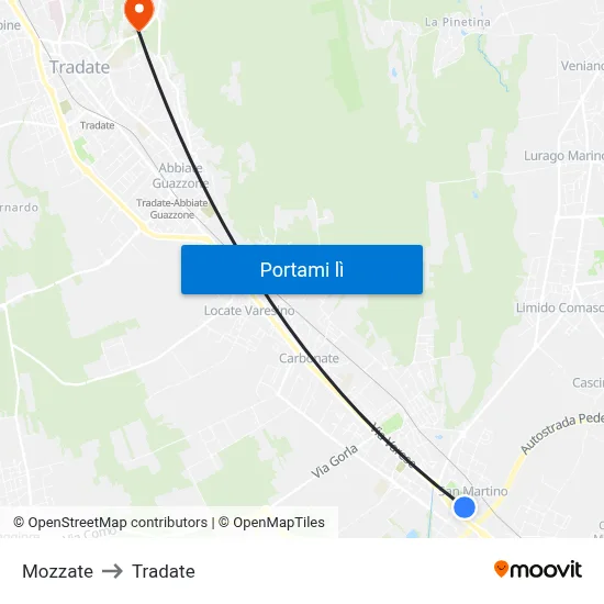 Mozzate to Tradate map