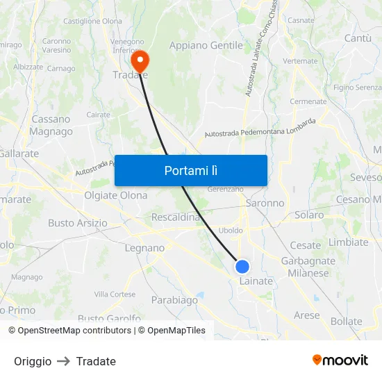 Origgio to Tradate map