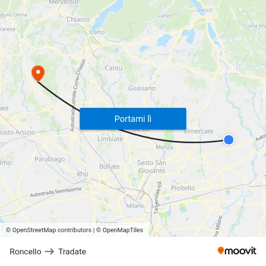Roncello to Tradate map