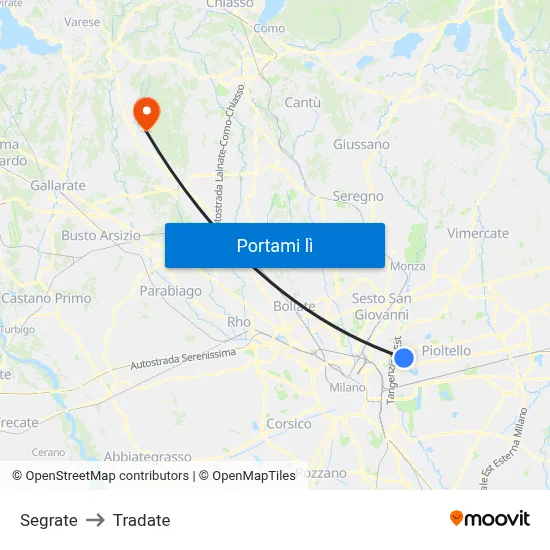 Segrate to Tradate map