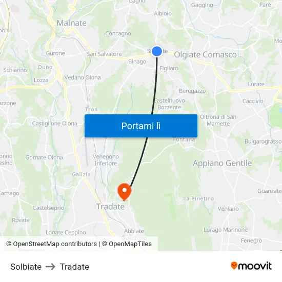Solbiate to Tradate map