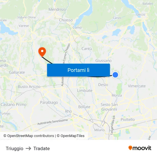 Triuggio to Tradate map