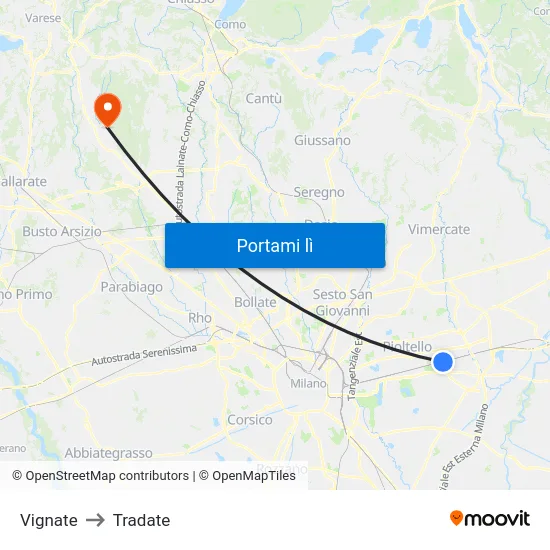 Vignate to Tradate map