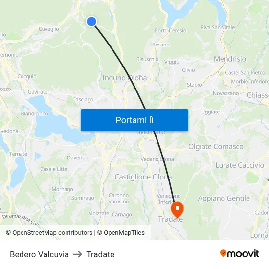 Bedero Valcuvia to Tradate map