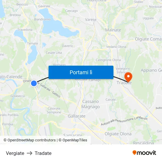 Vergiate to Tradate map