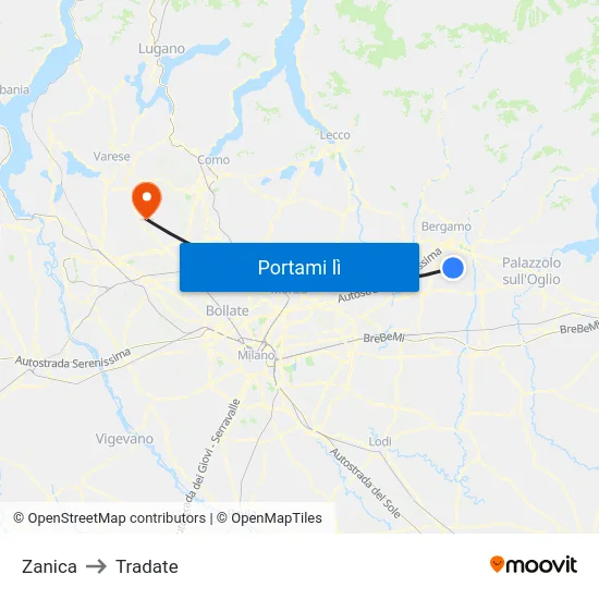 Zanica to Tradate map
