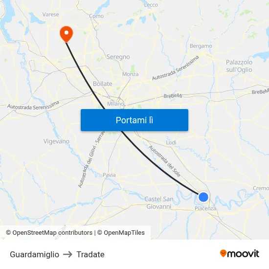 Guardamiglio to Tradate map