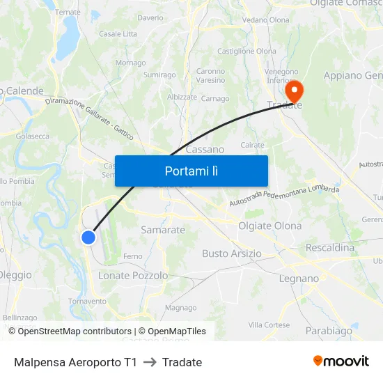 Malpensa Aeroporto T1 to Tradate map