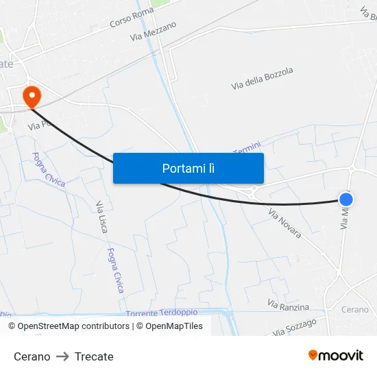 Cerano to Trecate map