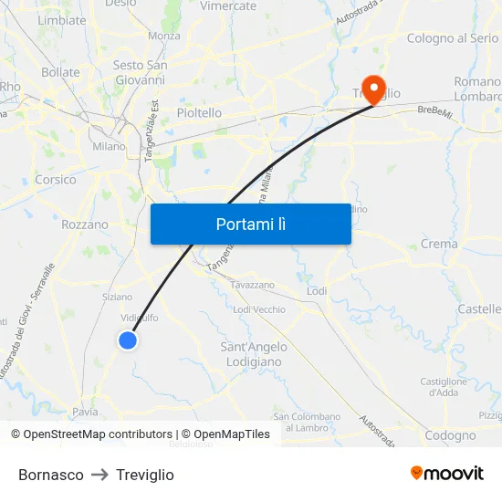 Bornasco to Treviglio map