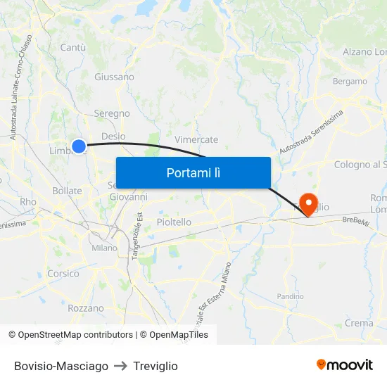 Bovisio-Masciago to Treviglio map