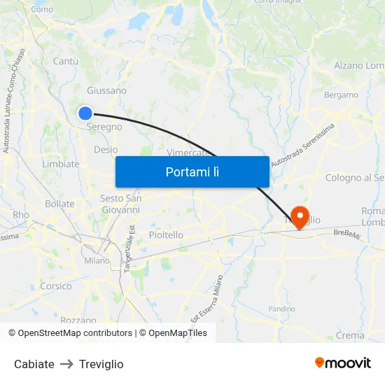 Cabiate to Treviglio map