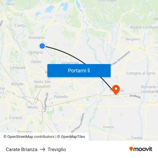 Carate Brianza to Treviglio map