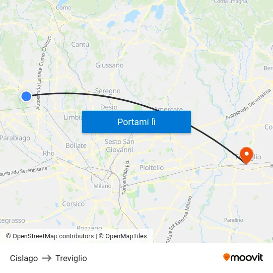 Cislago to Treviglio map