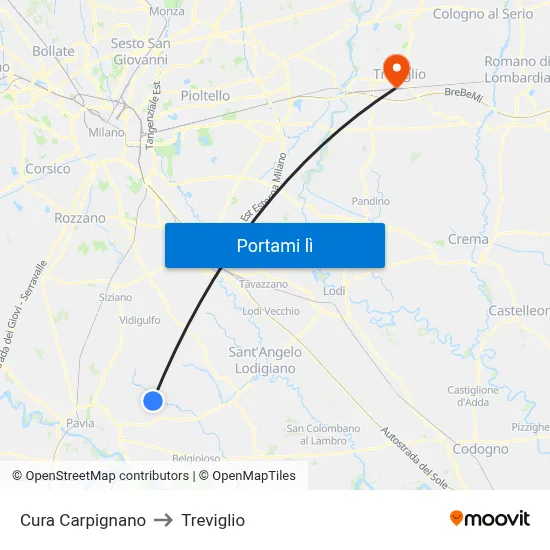 Cura Carpignano to Treviglio map