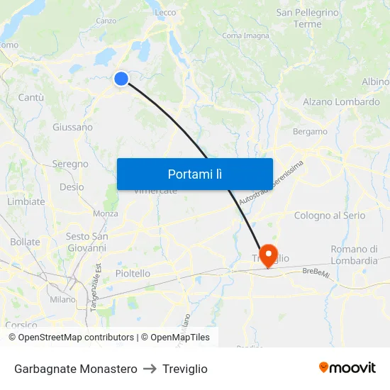 Garbagnate Monastero to Treviglio map