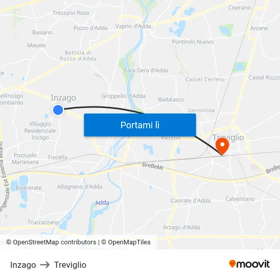 Inzago to Treviglio map