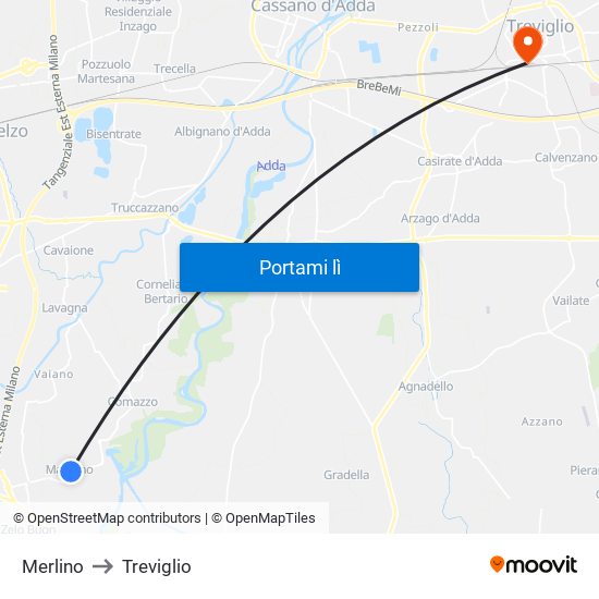 Merlino to Treviglio map