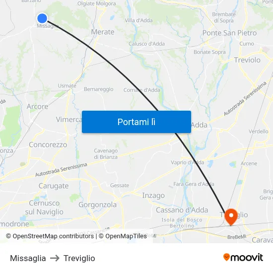 Missaglia to Treviglio map