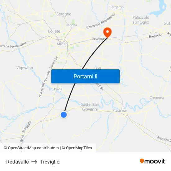 Redavalle to Treviglio map