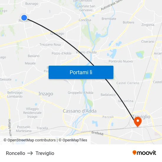 Roncello to Treviglio map