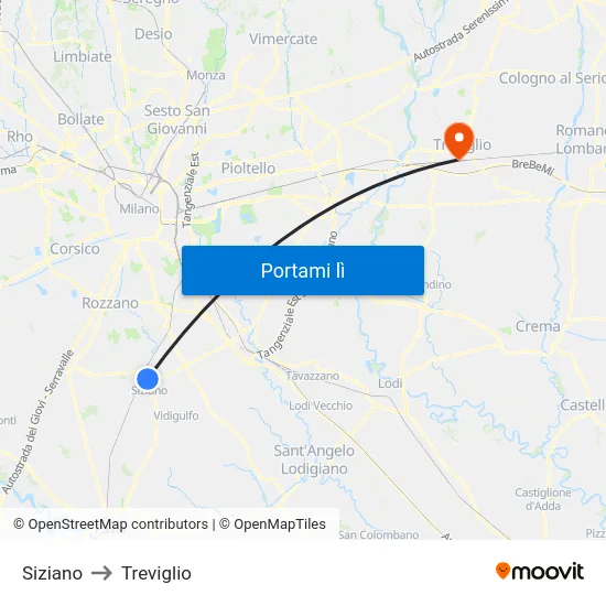 Siziano to Treviglio map