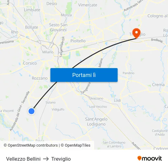 Vellezzo Bellini to Treviglio map