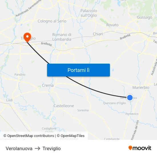 Verolanuova to Treviglio map