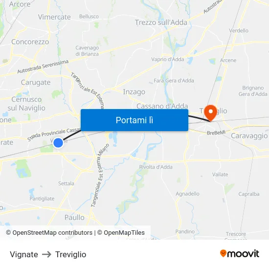 Vignate to Treviglio map