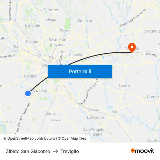 Zibido San Giacomo to Treviglio map