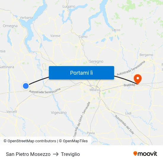 San Pietro Mosezzo to Treviglio map
