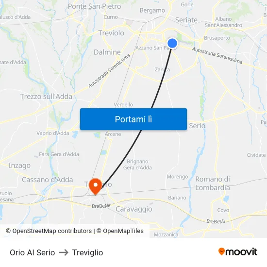 Orio Al Serio to Treviglio map