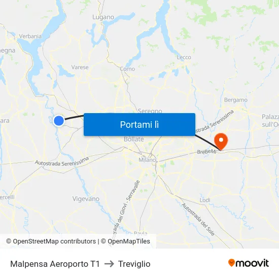 Malpensa Aeroporto T1 to Treviglio map