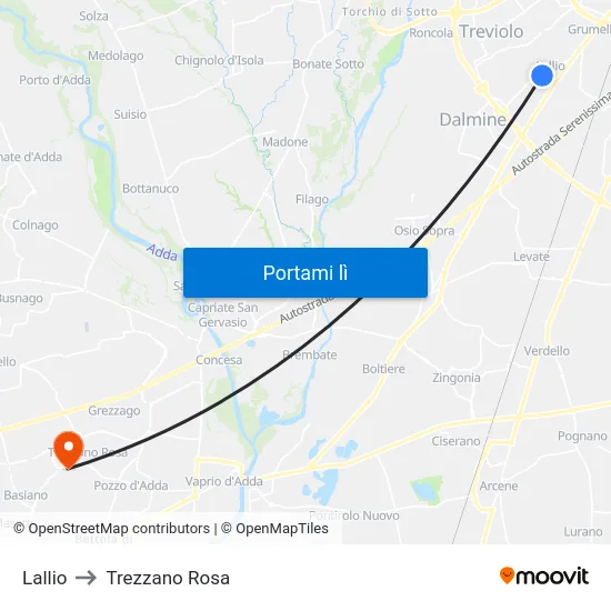 Lallio to Trezzano Rosa map
