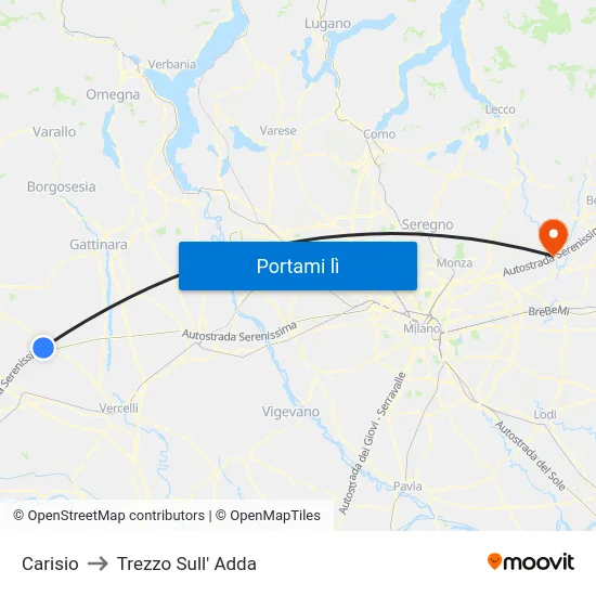 Carisio to Trezzo Sull' Adda map