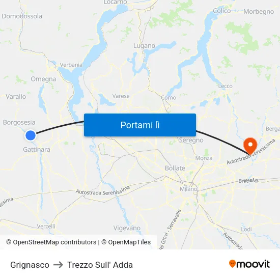 Grignasco to Trezzo Sull' Adda map