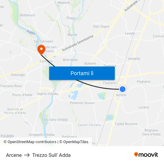 Arcene to Trezzo Sull' Adda map
