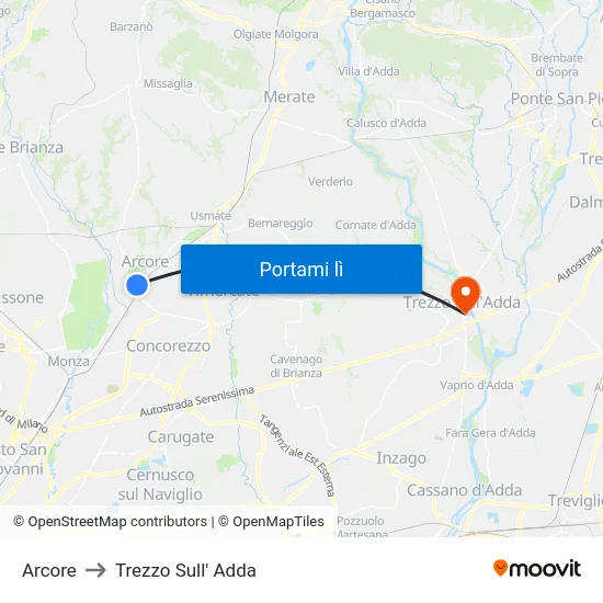 Arcore to Trezzo Sull' Adda map